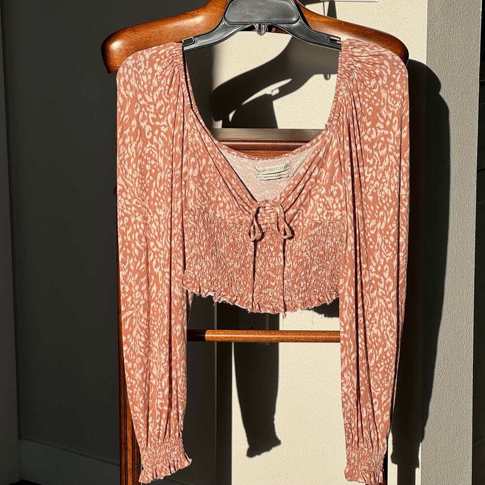 Urban Outfitters Smocked Tie Front Crop Top Pink Animal Print Boho Festival sz S